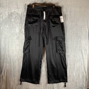 Sanctuary Women's Cargo Pants 32 Wide Leg Satin Drawstring Black Pockets‎ NWT